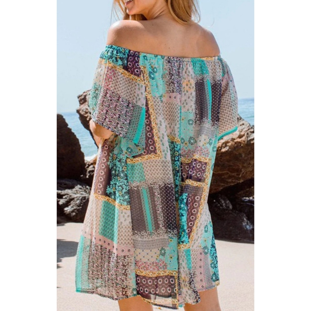 41 Teal flowy boho patchwork off the shoulder flounce sleeve tunic dress - Picture 3 of 5
